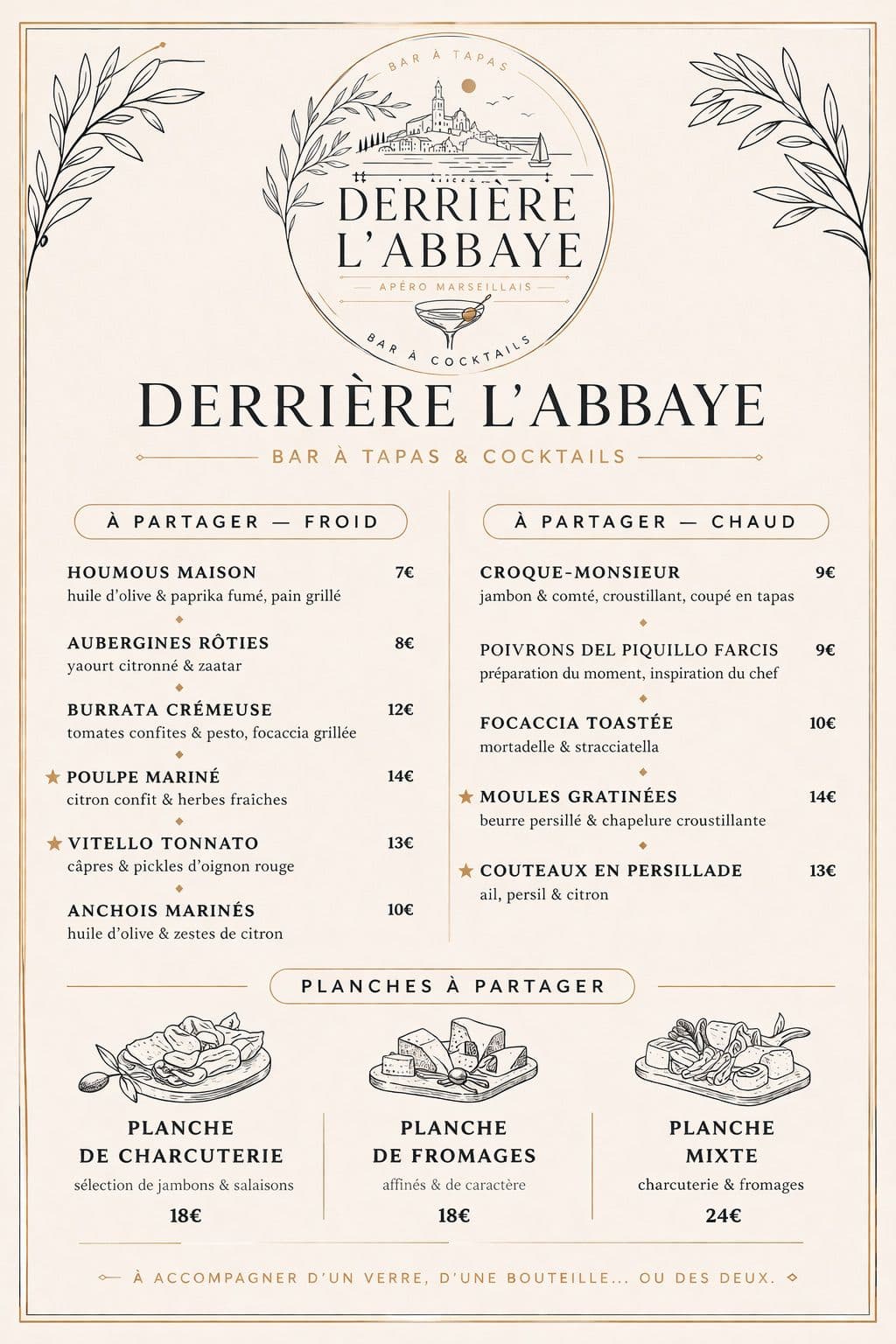 Carte imprimée de Derrière l'Abbaye — tapas à partager, planches et desserts