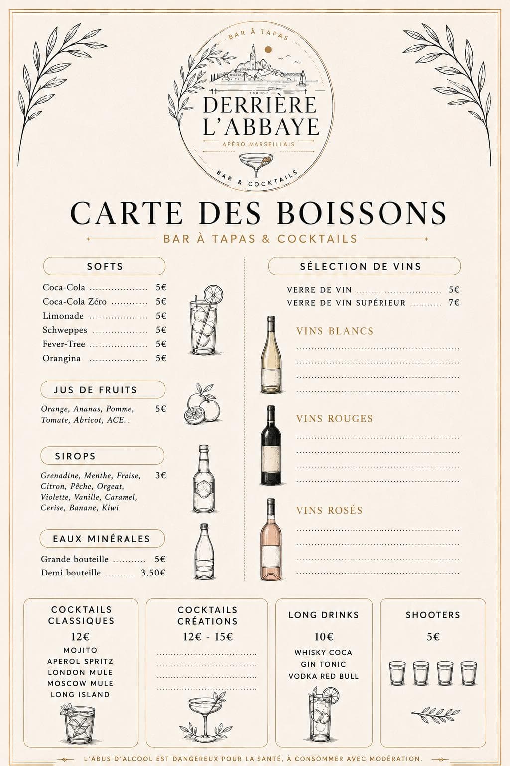 Carte imprimée de Derrière l'Abbaye — softs, vins, cocktails et long drinks